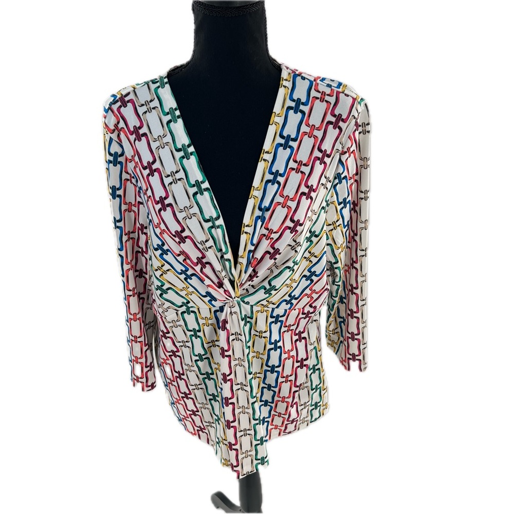 Studio by JPR Multicolor Chain Link Print Deep V-Neck 3/4 Sleeve Blouse Size XL - Picture 11 of 14